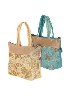 Kuber Industries Kuber Industries Polyester Embroidery Design Hand Bag For Women/Girls With Handle Pack of 2 (Cream & Blue) 54KM4032  - Image 1