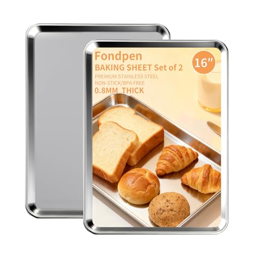 Fondpen Baking Sheet Set of 2, Stainless Steel Cookie Sheets Baking Sheet Pan, 16 x 12 Inch Thicker and Firmer Baking Pans Set, Non-stick, Non toxic & Heavy Duty & Easy Clean,Dishwasher Safe - Image 1