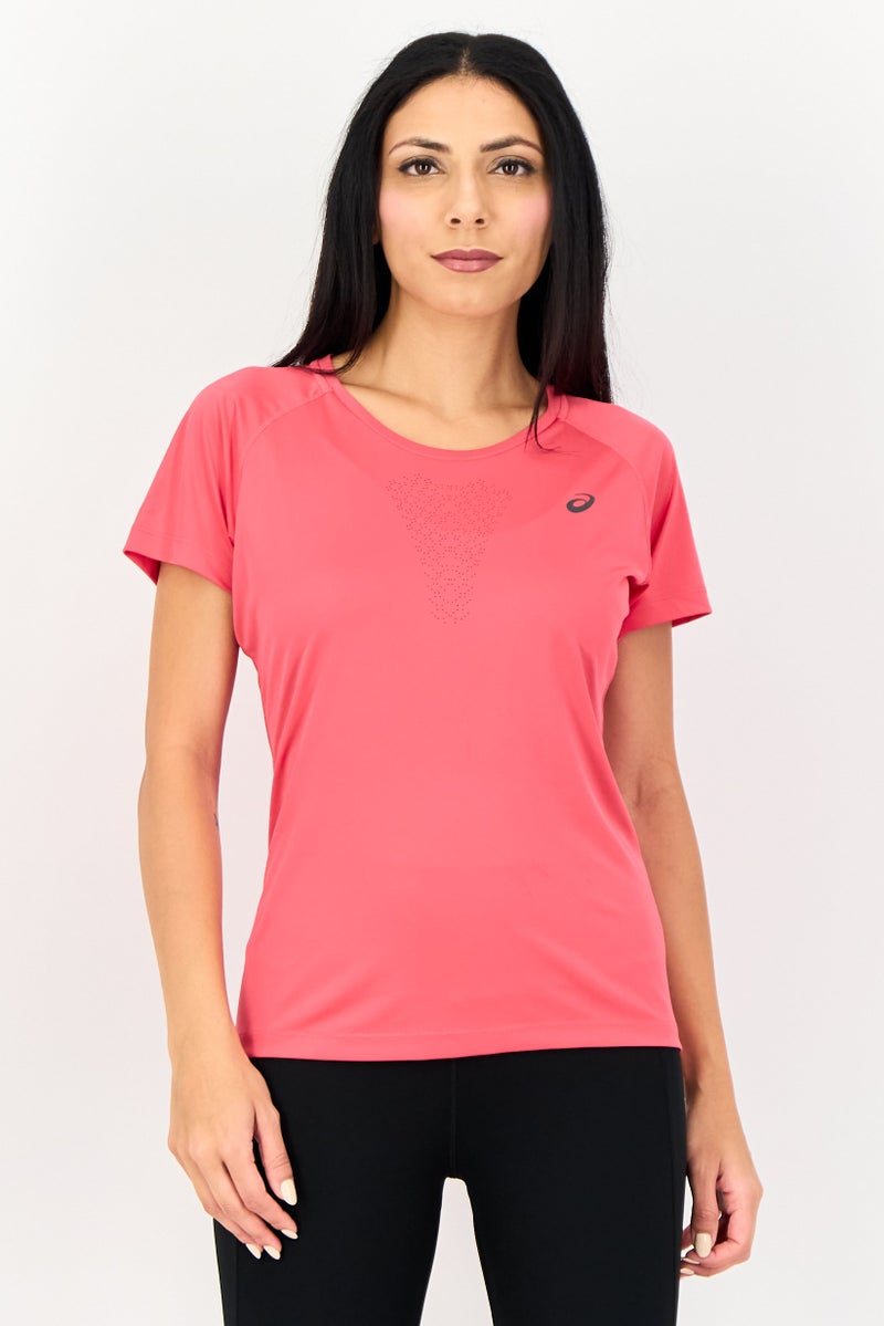 asics تي شيرت جري قصير الأكمام للنساء بشعار العلامة التجارية، فوشيا - Image 1