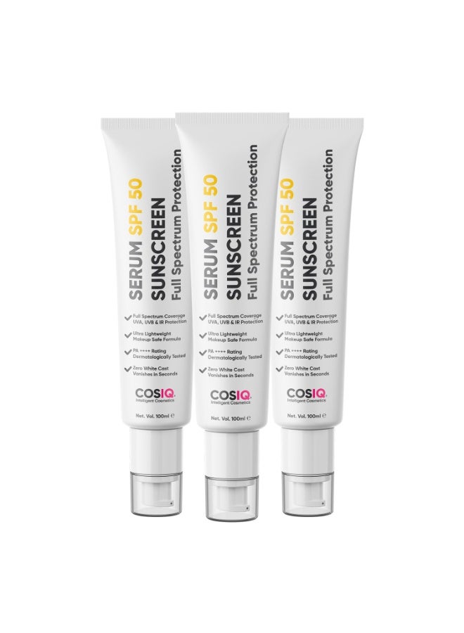 CosIQ Cos-IQ Sunscreen SPF 50 PA++++ Serum | UVA/B & Blue Light Protection for Men & Women | Broad Spectrum Sun Protection | Oily, Dry, Sensitive & Combination Skin | No White Cast | 100ml, Pack of 3 - Image 1