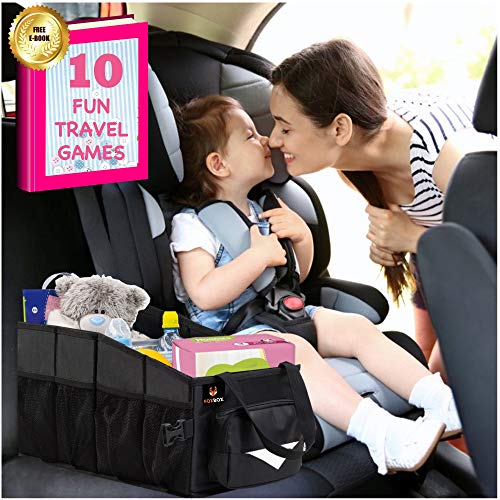 FOXBOX Easy-to-Reach Kids Car Organizer with Tissue Box and Cup Holder for Back Seat, Front Seat, Between Seats, Floor - Tote Car Storage Organization for Toddlers - Kids Road Trip Travel Essentials (Black) - Image 2