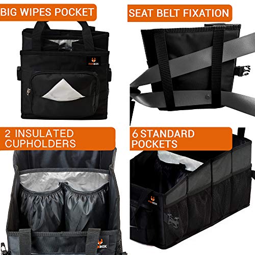 FOXBOX Easy-to-Reach Kids Car Organizer with Tissue Box and Cup Holder for Back Seat, Front Seat, Between Seats, Floor - Tote Car Storage Organization for Toddlers - Kids Road Trip Travel Essentials (Black) - Image 3