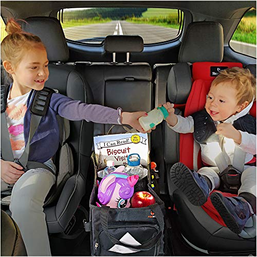 FOXBOX Easy-to-Reach Kids Car Organizer with Tissue Box and Cup Holder for Back Seat, Front Seat, Between Seats, Floor - Tote Car Storage Organization for Toddlers - Kids Road Trip Travel Essentials (Black) - Image 5