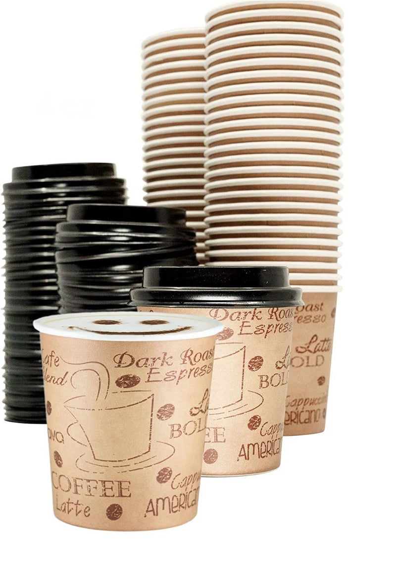 ECODESIGNUS 4 Ounce Disposable Espresso Paper Cups with Black Lids  50 Sets  Print  Small Portion Sample Shots 50 print