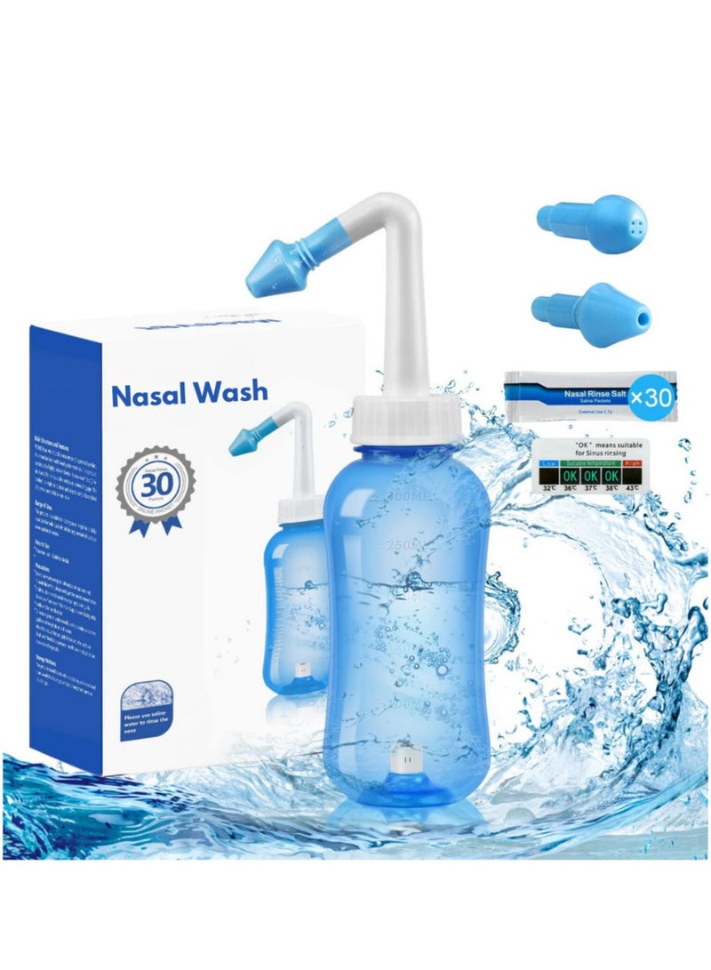 ووتر بالس زجاجة غسول أنفي 300 مل، 30 كيس ملح، مقياس حرارة لاصق، زجاجة غسول للجيوب الأنفية من نيتي بوت، منظف أنف للبالغين والأطفال، غسول أنفي جال نيتي - Image 1