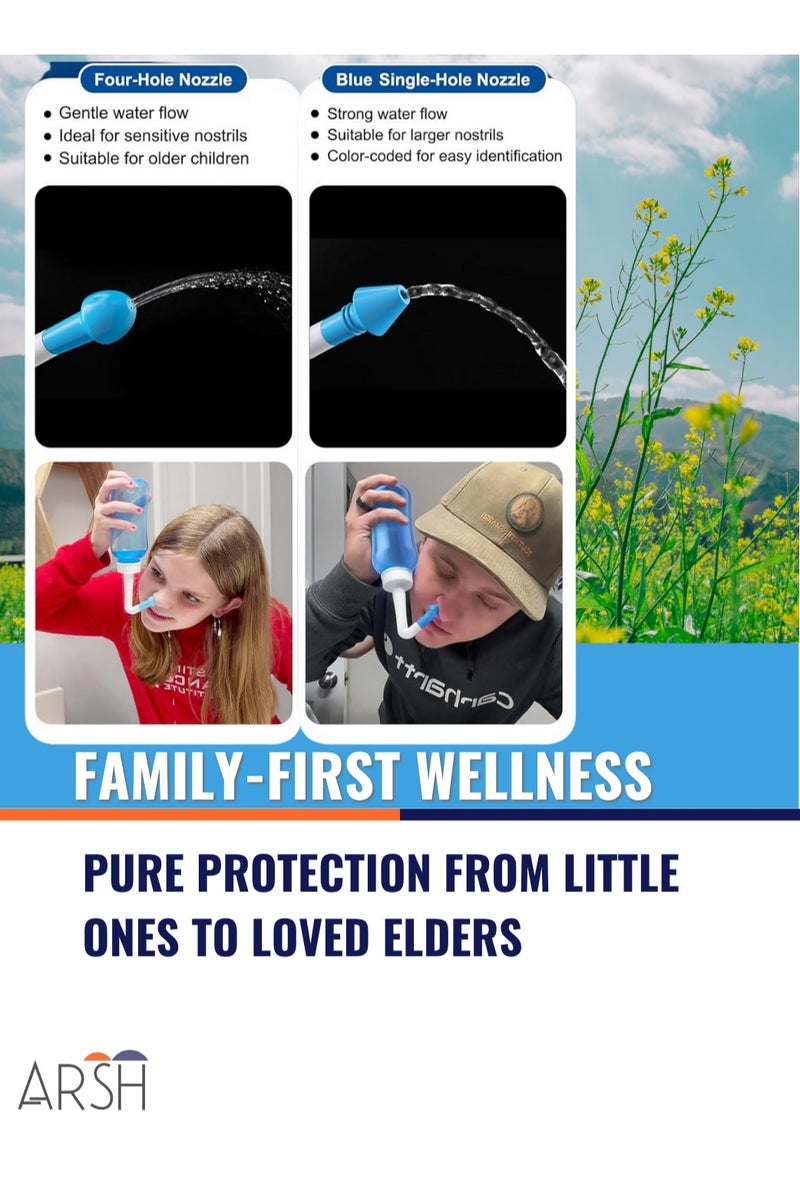 ووتر بالس زجاجة غسول أنفي 300 مل، 30 كيس ملح، مقياس حرارة لاصق، زجاجة غسول للجيوب الأنفية من نيتي بوت، منظف أنف للبالغين والأطفال، غسول أنفي جال نيتي - Image 5