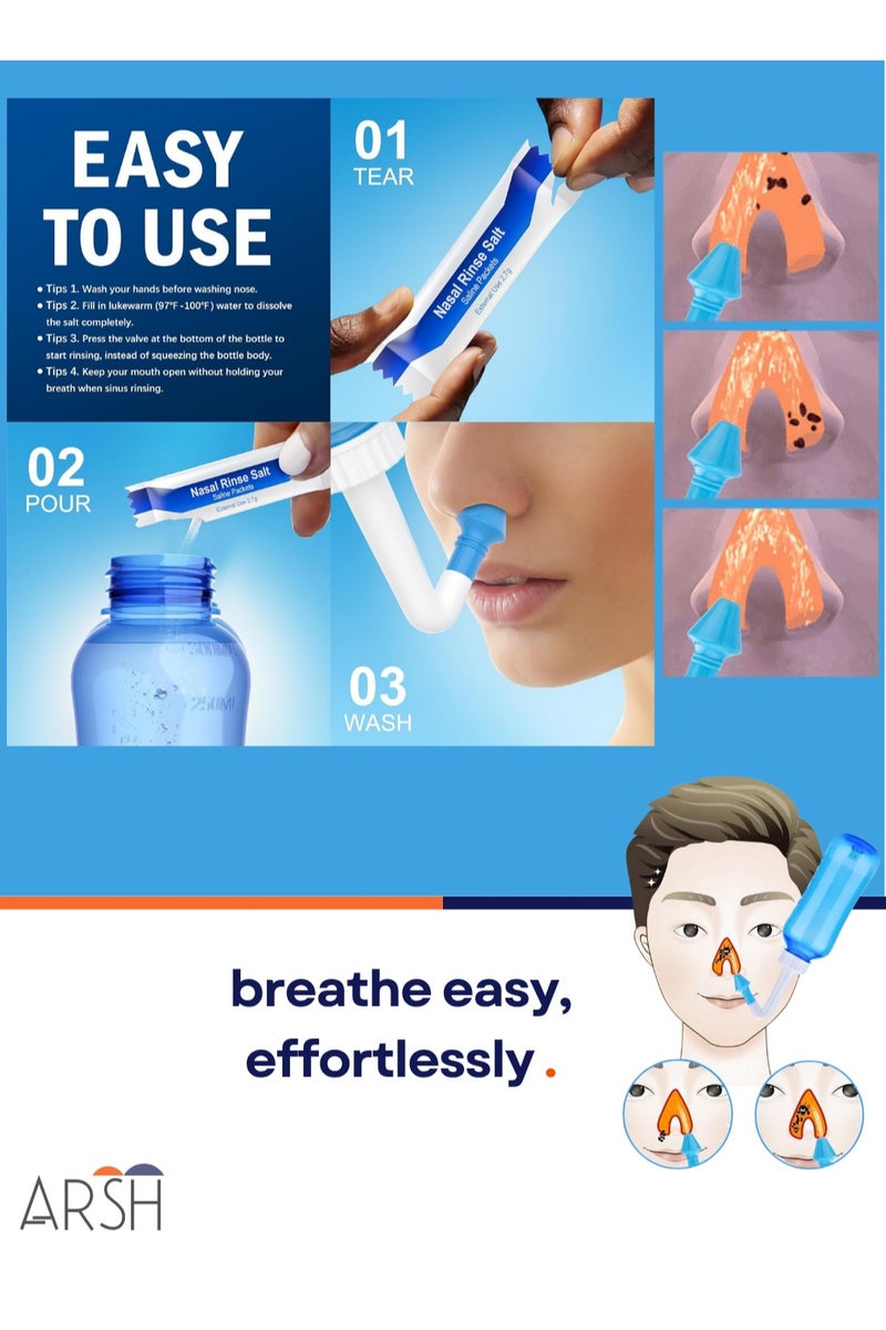 ووتر بالس زجاجة غسول أنفي 300 مل، 30 كيس ملح، مقياس حرارة لاصق، زجاجة غسول للجيوب الأنفية من نيتي بوت، منظف أنف للبالغين والأطفال، غسول أنفي جال نيتي - Image 3