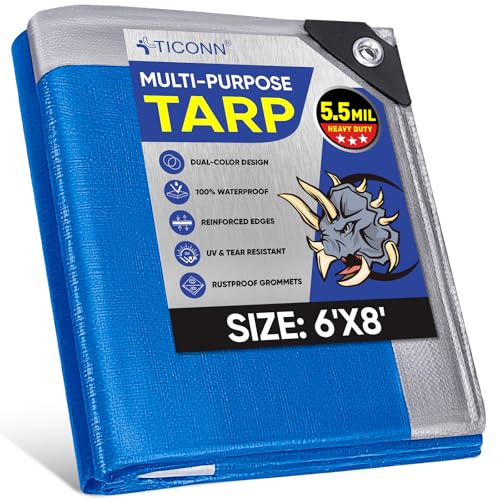 TICONN Heavy Duty Tarp Cover, Extra Thick Tarps Waterproof Tear and Rip Proof UV Resistant Tarpaulin with Reinforced Grommets and Edges (5.5 Mil, 6'x8') - Image 1