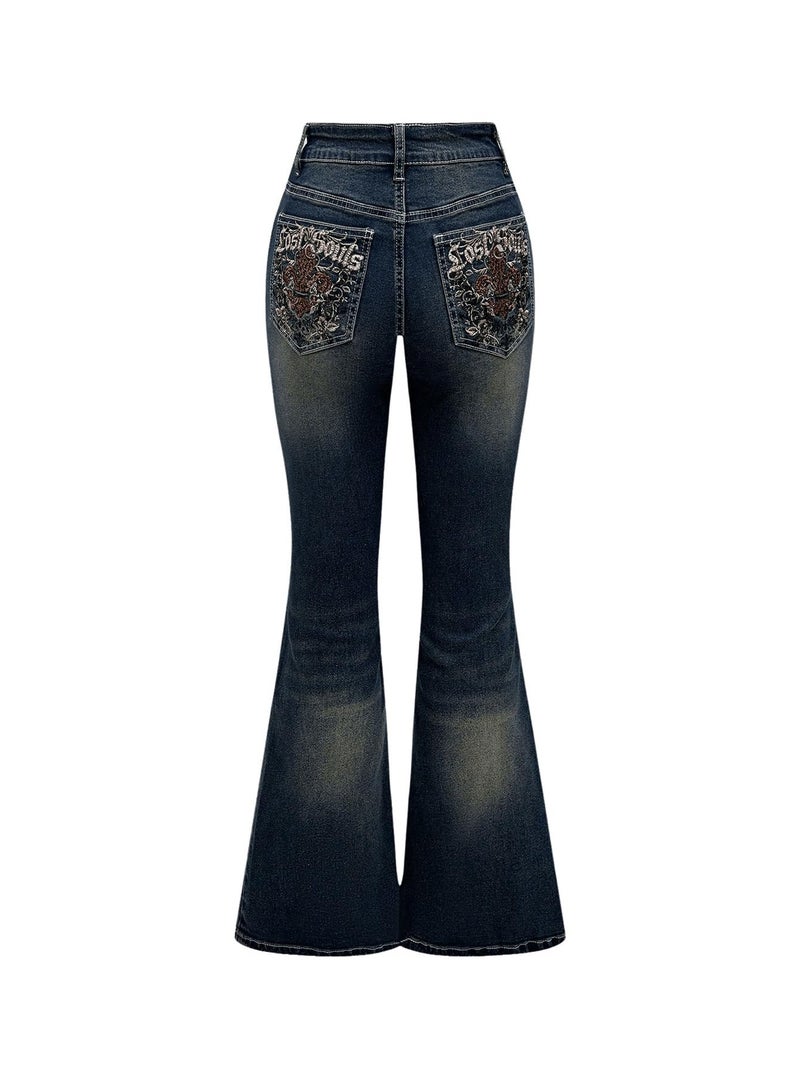 MakeMeChic Women's Flared Jeans Bell Bottom Jeans Embroidered Y2K High Waist Stretchy Denim Pants Blue Large - Image 1