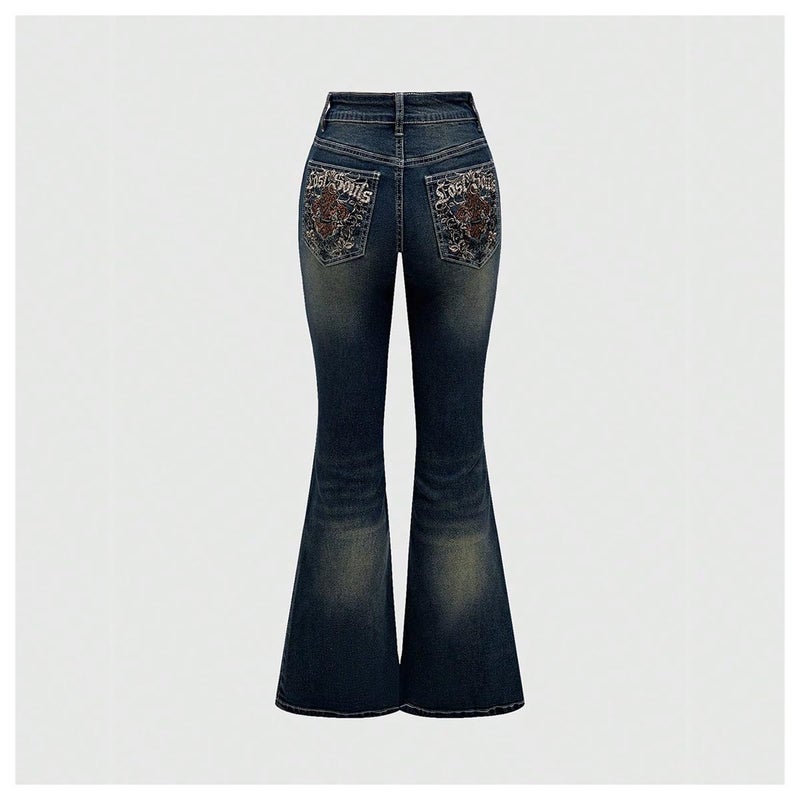 MakeMeChic Women's Flared Jeans Bell Bottom Jeans Embroidered Y2K High Waist Stretchy Denim Pants Blue Large - Image 5