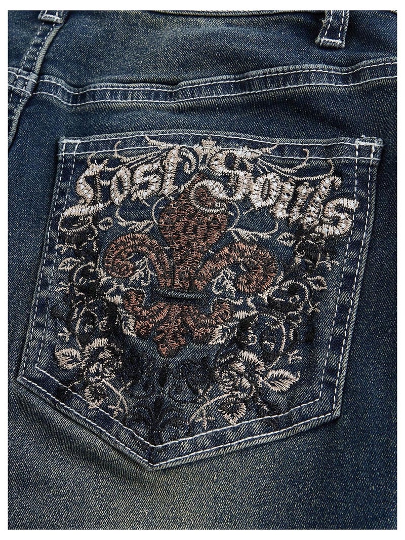 MakeMeChic Women's Flared Jeans Bell Bottom Jeans Embroidered Y2K High Waist Stretchy Denim Pants Blue Large - Image 4