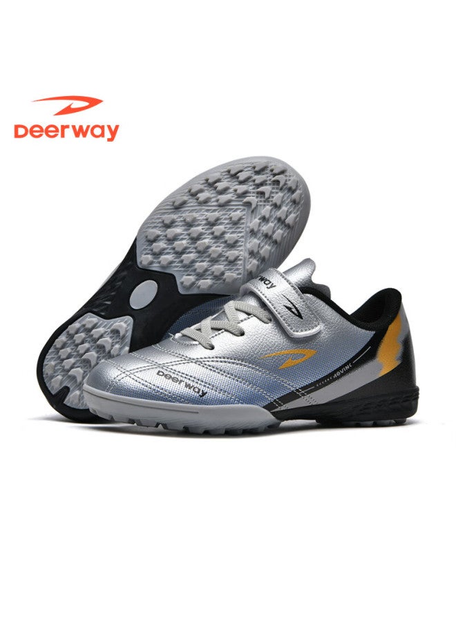 Deerway Kids Soccer Shoes Velcro Slip-on Boys Girls Middle Primary School Tf Turf Non-slip Wear-resistant Silver Gold Size 39 - Image 3