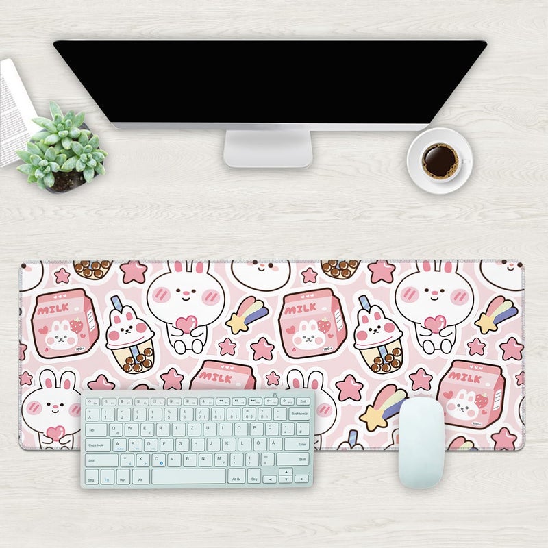 KOAIWPAE Desk Mat, Pink Kawaii Rabbit Extended Gaming Mouse Pad Large, 31.5"x11.8" Big Mouse Pad with Non-Slip Base and Stitched Edge, Long Computer Keyboard Mouse Mat for Home Office Work - Image 2