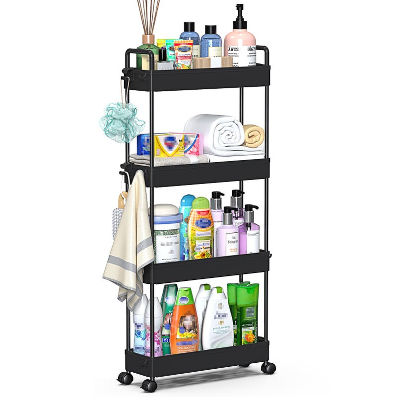 SOLEJAZZ Slim Rolling Storage Cart with Wheels 4 Tier Skinny Bathroom Storage Organizer Narrow Shelf Unit Thin Laundry Room Utility Cart for Bedside Kitchen Office Next to Fridge Small Places Black