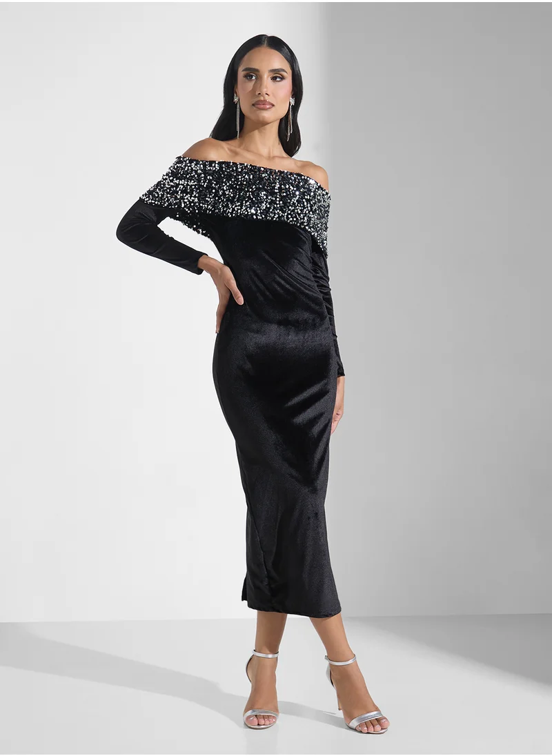 Ginger Boutique Off Shoulder Sequin Embellished Bodycon Dress