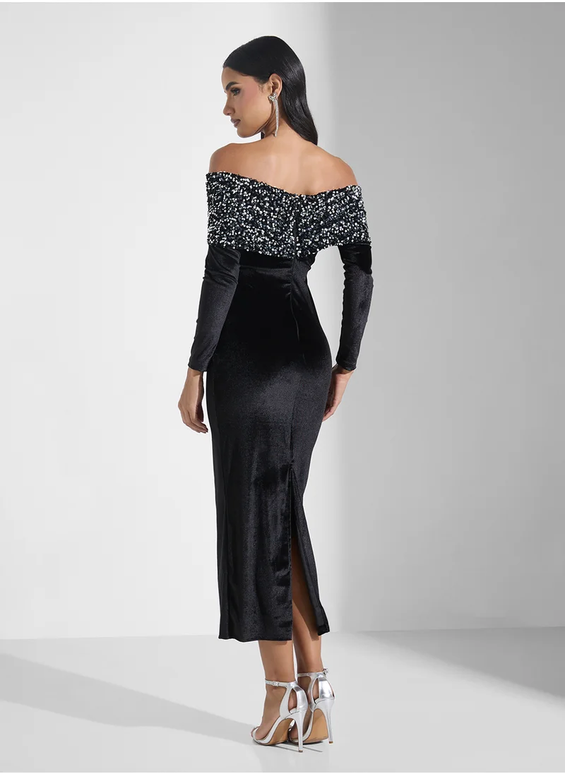 Ginger Boutique Off Shoulder Sequin Embellished Bodycon Dress