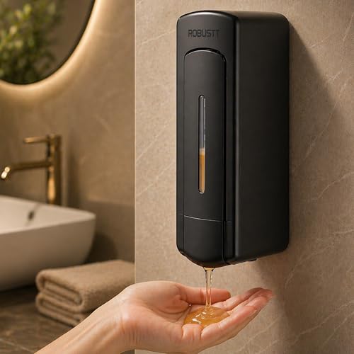 Robustt Manual Wall Mounted Liquid Soap Dispenser - Black (350 ml, Pack of 2) | with Adhesive Hooks | Leak-Proof, Transparent Window, Easy Installation- Ideal for Bathroom, Kitchen, Hotels, Offices - Image 1