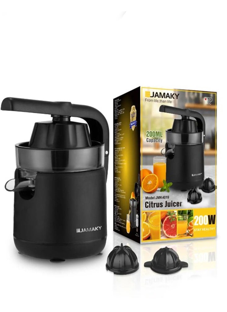 JAMAKY - Electric Citrus Juicer JMK4019 with Italian technology , Elegant Plactic design that adds a touch of beauty , Power 200W , Capacity 200ml , two press cones , Easy to use High quality Comfortable handle and easy to use - black - Image 1