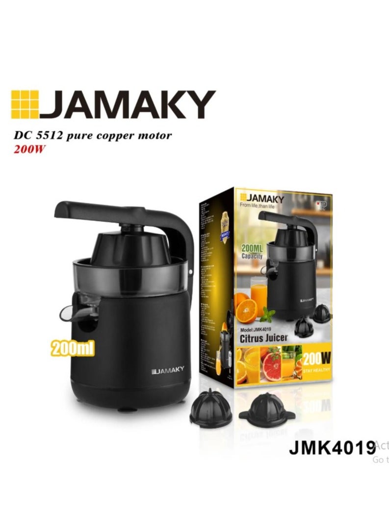 JAMAKY - Electric Citrus Juicer JMK4019 with Italian technology , Elegant Plactic design that adds a touch of beauty , Power 200W , Capacity 200ml , two press cones , Easy to use High quality Comfortable handle and easy to use - black - Image 1