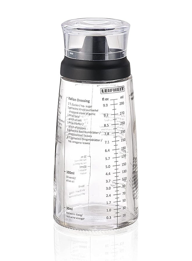 Leifheit Salad Dressing Shaker, 5 Imprinted Recipes, Glass Bottle, Non-Drip Spout, Dishwasher Safe, Black Transparent, 300 ml Measuring, Salad Dressing Pots - Image 1