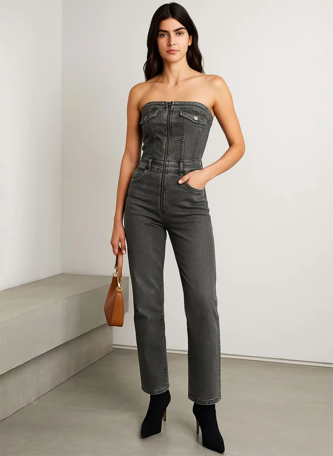ساسافراس Off-Shoulder Grey Basic Jumpsuit for Women