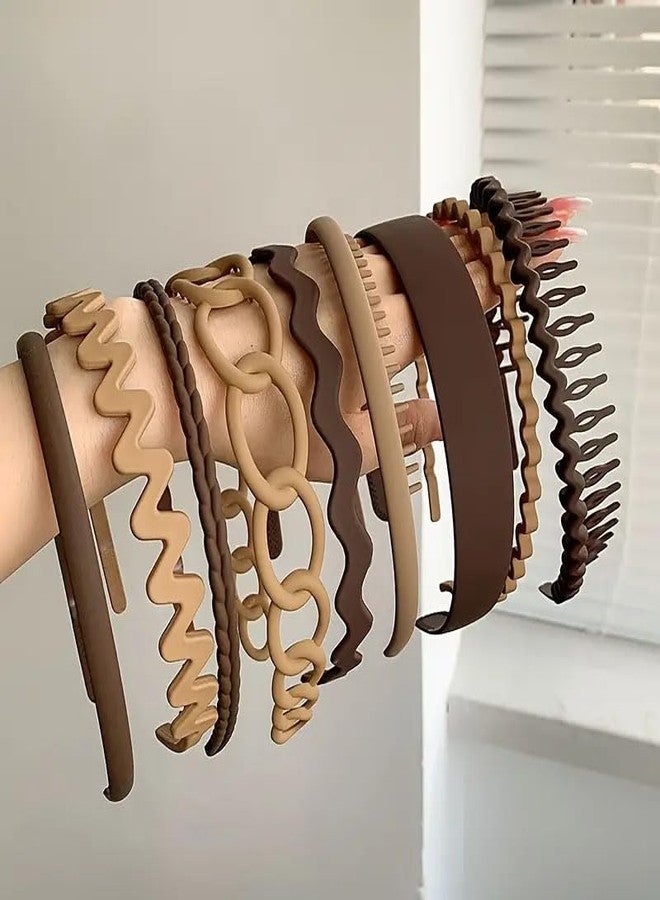 Ashkash 9pcs Plastic Teeth Comb Mixing Set Headbands Matte Hair Bands Non Slip Solid Color Hair Accessories (Brown) - Image 2