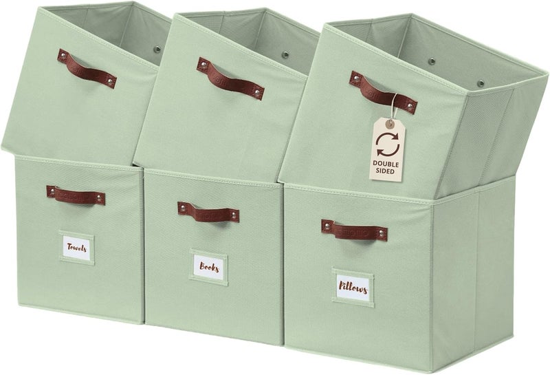 DECOMOMO Cube Storage Bin, Storage Cubes with Labels, Baskets for Shelves Kallax Linen Closet Organizers (Cube 10.5x11"/ 6pcs, Sage Green) - Image 1