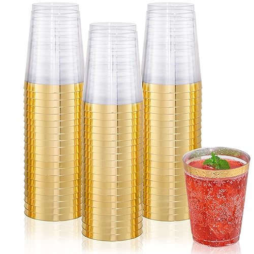 DaYammi 200 Pack Gold Plastic Cups 10 Oz Clear Plastic Cups Gold Rimmed Disposable Wine Glasses Heavy Duty Disposable Tumblers Drinking Cocktail Glasses for Party Wedding - Image 1