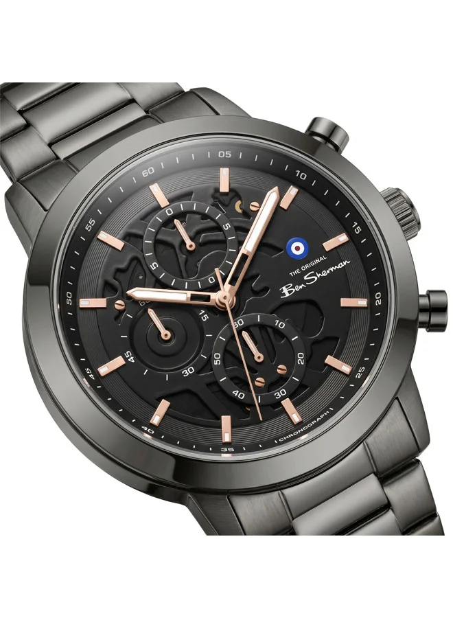 بين شيرمان Nottingham Black Dial Black Stainless Steel Bracelet Chronograph Watch for Men, 44mm