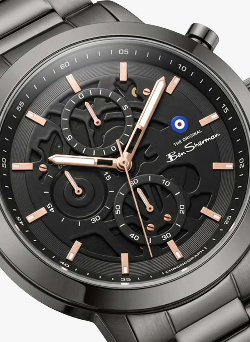 Ben Sherman Nottingham Black Dial Black Stainless Steel Bracelet Chronograph Watch for Men, 44mm