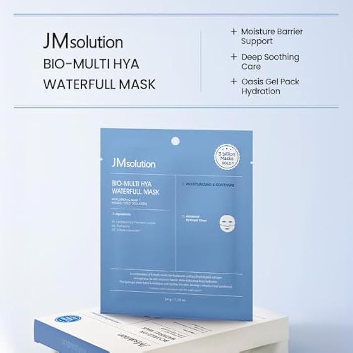 JMsolution Bio Multi-Hyaluronic Waterfull Mask – Deep Hydration Hydrogel Sheet Mask for Dry & Dehydrated Skin – 5-Layer Hyaluronic Acid – Overnight Treatment (4 Sheets) - Image 2