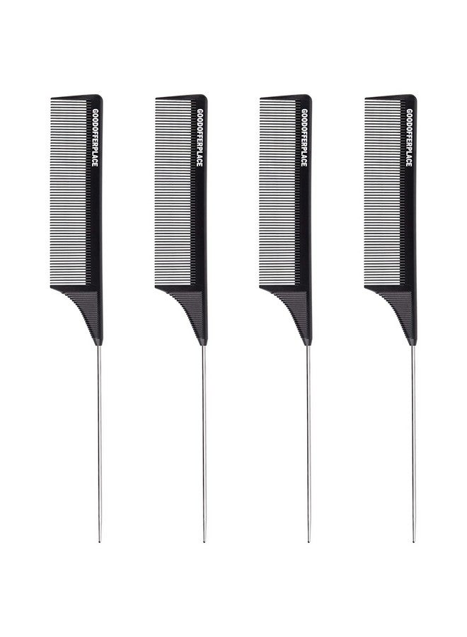 Goodofferplace 4Pcs Hair Rat Tail Combs Carbon Parting Rattail Combs Teasing Fine Tooth Comb Metal Hair Pick Detangling Combs Set For Womengirls For Curlybraidingstyling Hair(Black) - Image 1