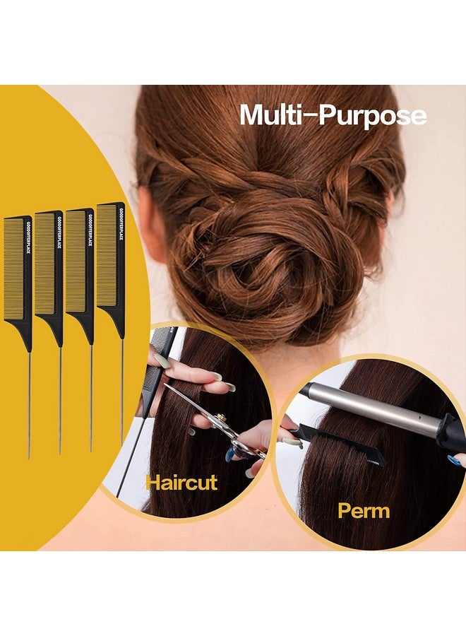 Goodofferplace 4Pcs Hair Rat Tail Combs Carbon Parting Rattail Combs Teasing Fine Tooth Comb Metal Hair Pick Detangling Combs Set For Womengirls For Curlybraidingstyling Hair(Black) - Image 5