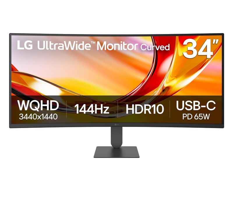 إل جي LG 34U640B-B 34-Inch UltraWide 21:9 QHD (3440 x 1440) Curved Professional Computer Monitor, 144Hz, FreeSync Premium, HDR10, HDMI, DisplayPort, USB Type-C PD 65W, Tilt/Height Adjustable Stand, Black black - Image 1
