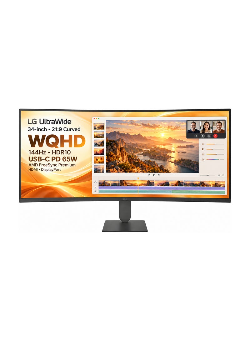 LG 34 Inch UltraWide 21:9 QHD (3440 x 1440) Curved Professional Computer Monitor, 144Hz, FreeSync Premium, HDR10, HDMI, DisplayPort, USB Type-C PD 65W, Tilt/Height Adjustable Stand, 34U640B-B black - Image 1