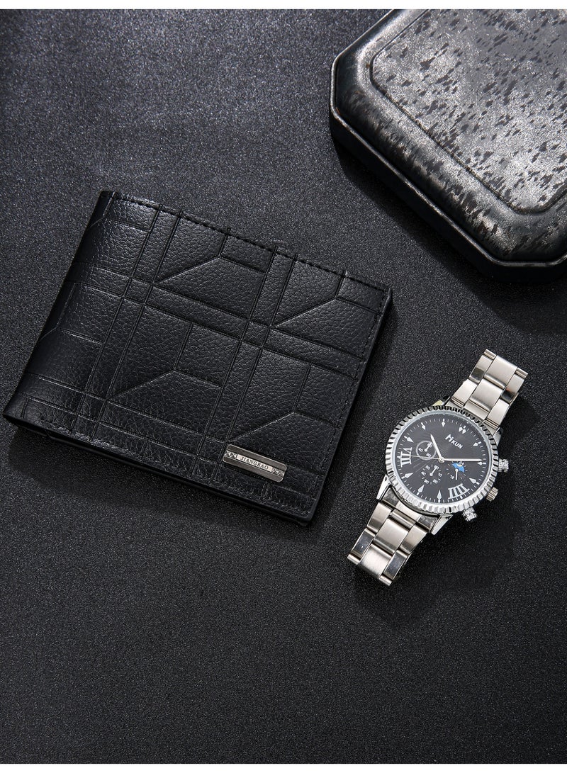 men's watch set, casual and versatile business dress fashion stainless steel dress watch+wallet, suitable for his perfect birthday Christmas holiday gift.
