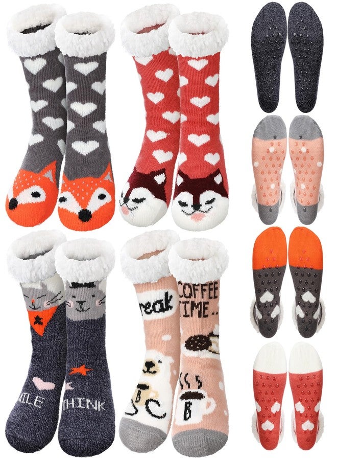 Berlune 4 Pairs Christmas Fuzzy Slipper Socks for Women Girl Grippers Plush Fleece Lining Non Slip Animal Winter Lover Gift(Fox,Cat,Polar Bear,Dog) - Image 1