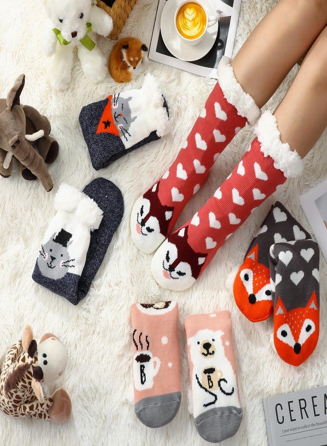 Berlune 4 Pairs Christmas Fuzzy Slipper Socks for Women Girl Grippers Plush Fleece Lining Non Slip Animal Winter Lover Gift(Fox,Cat,Polar Bear,Dog) - Image 4