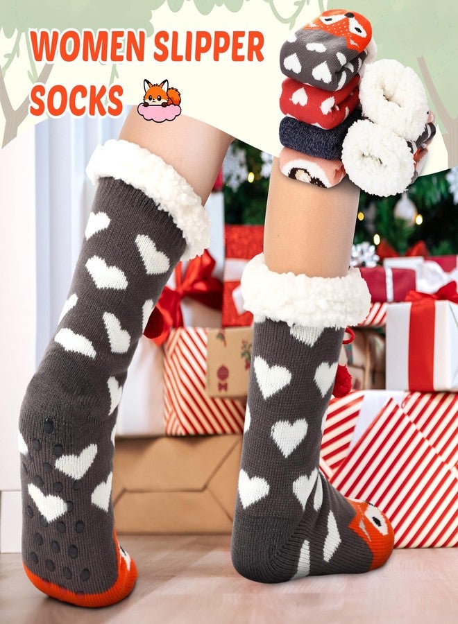 Berlune 4 Pairs Christmas Fuzzy Slipper Socks for Women Girl Grippers Plush Fleece Lining Non Slip Animal Winter Lover Gift(Fox,Cat,Polar Bear,Dog) - Image 5