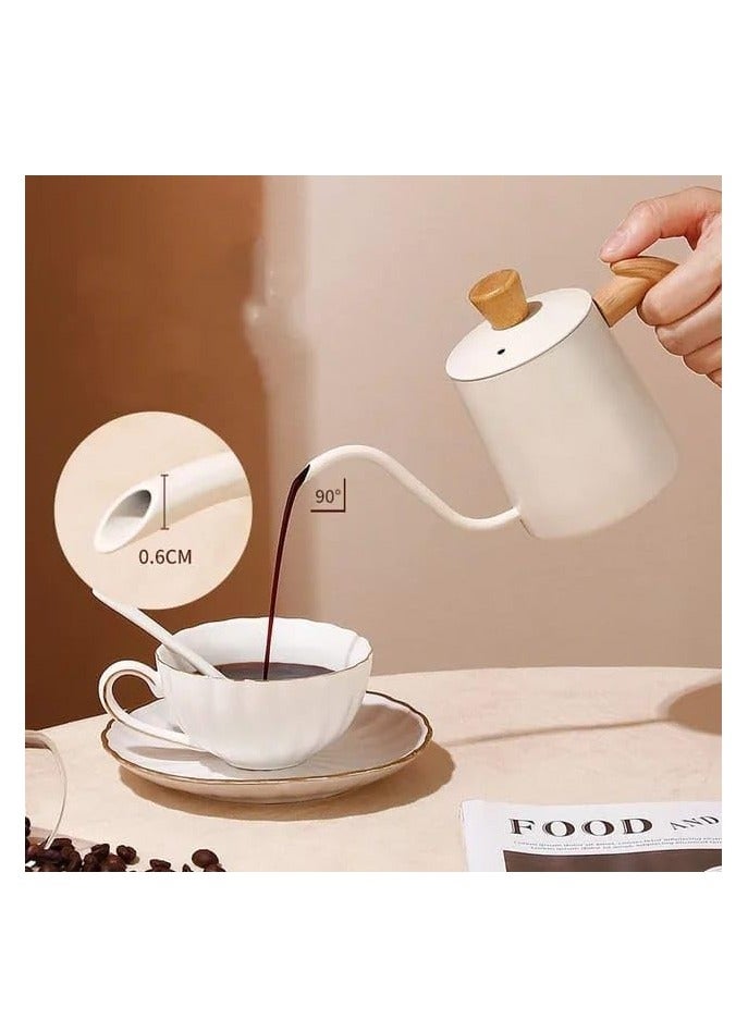 Liying 600ml Stainless Steel Pour over Coffee Kettle Drip Coffee Pot with Wooden Design Handle and Lid, Long Narrow Spout Coffee Pot Tea Stove Kettles for Home Brewing, Camping and Traveling (White)… - Image 4