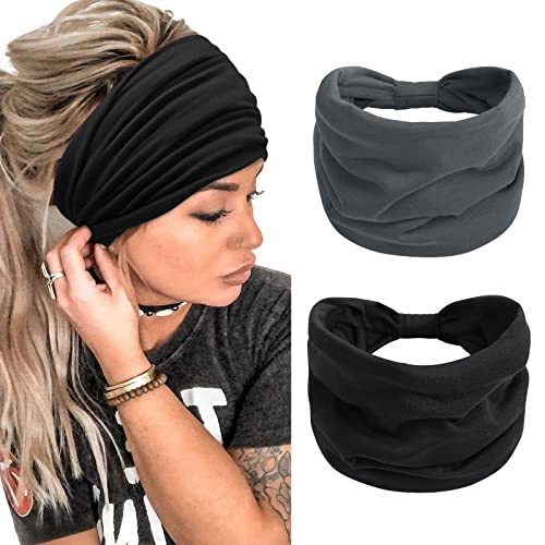 TERSE 2 Packs Headbands for Women Boho Extra Wide 7 Black Head Bands African Knotted Non Slip Fashion Hair Band Stretch Yoga Workout Running Gym Hairbands Turban Bandana for Girls BlackDrak Grey - Image 2