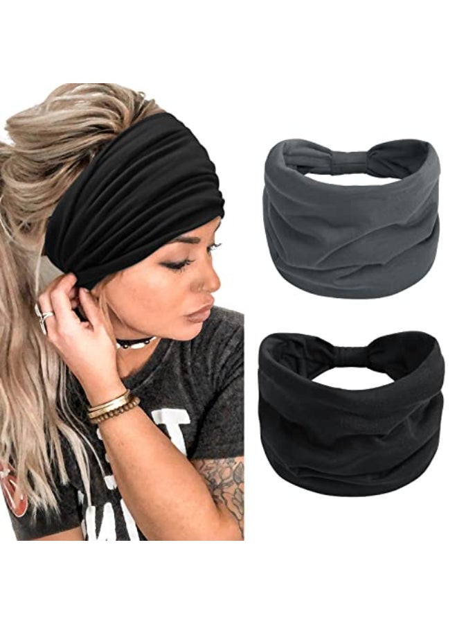TERSE 2 Packs Headbands for Women Boho Extra Wide 7 Black Head Bands African Knotted Non Slip Fashion Hair Band Stretch Yoga Workout Running Gym Hairbands Turban Bandana for Girls BlackDrak Grey - Image 1