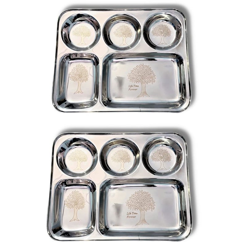 ZOVUTA Rectangular Stainless Steel Designer 5 Compartments Bhojan Thaal Partition Plates for Dinner and Lunch Pack of 2 - Image 1