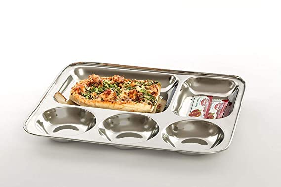 ZOVUTA Rectangular Stainless Steel Designer 5 Compartments Bhojan Thaal Partition Plates for Dinner and Lunch Pack of 2 - Image 3