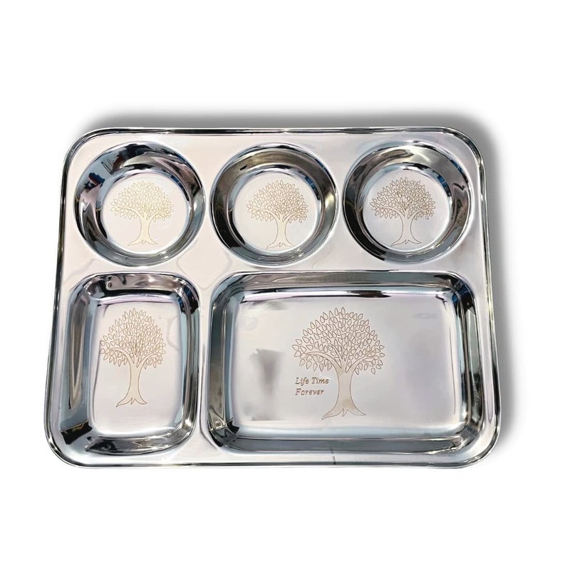 ZOVUTA Rectangular Stainless Steel Designer 5 Compartments Bhojan Thaal Partition Plates for Dinner and Lunch Pack of 2 - Image 2