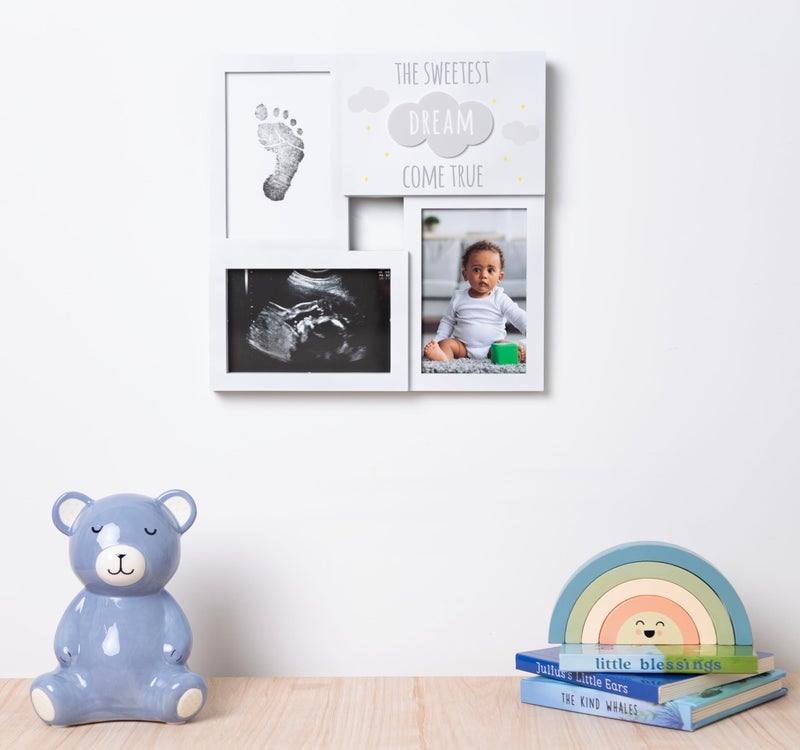 Kate & Milo Babyprints The Sweetest Dream Come True Collage Frame, Baby Handprint and Footprint Keepsake with Photo Slot Sentiment, Gender-Neutral Nursery Decor, White Clouds - Image 2