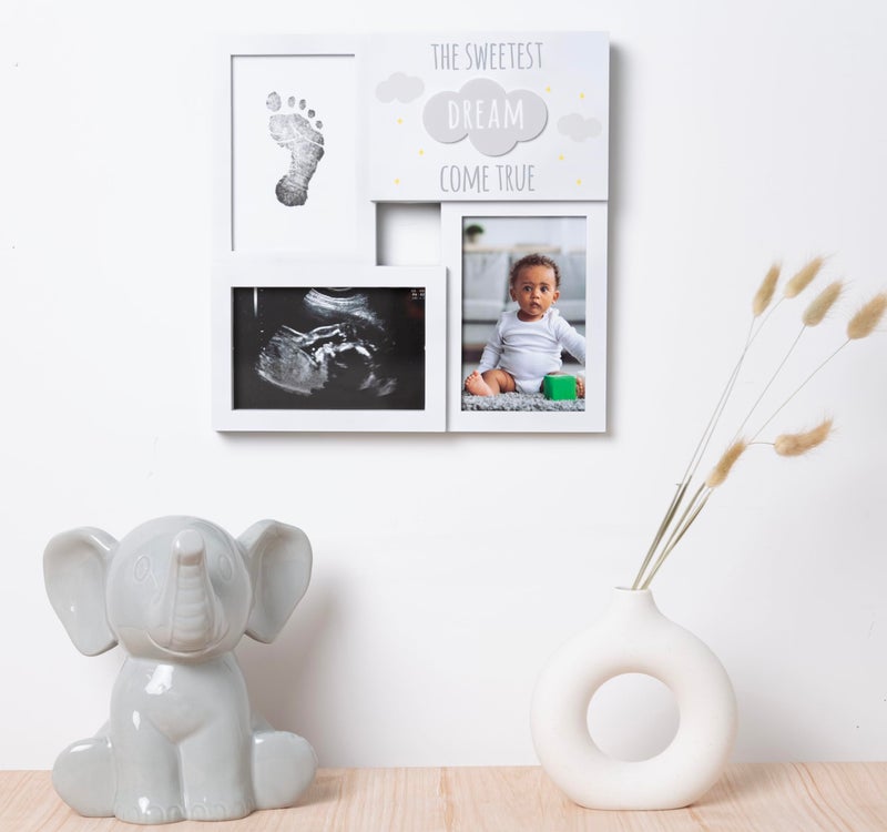 Kate & Milo Babyprints The Sweetest Dream Come True Collage Frame, Baby Handprint and Footprint Keepsake with Photo Slot Sentiment, Gender-Neutral Nursery Decor, White Clouds - Image 3
