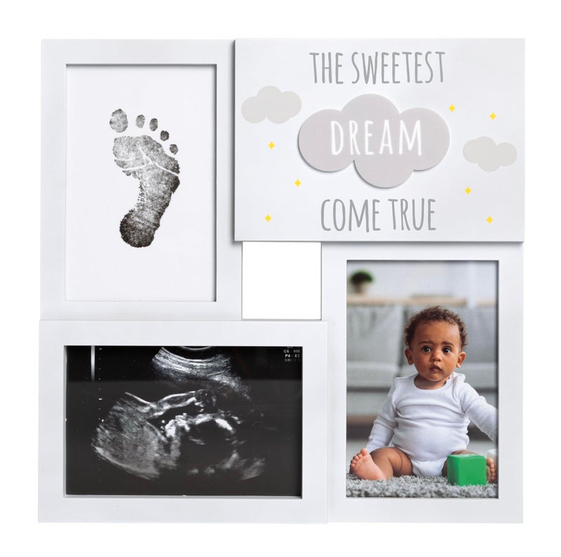 Kate & Milo Babyprints The Sweetest Dream Come True Collage Frame, Baby Handprint and Footprint Keepsake with Photo Slot Sentiment, Gender-Neutral Nursery Decor, White Clouds - Image 1