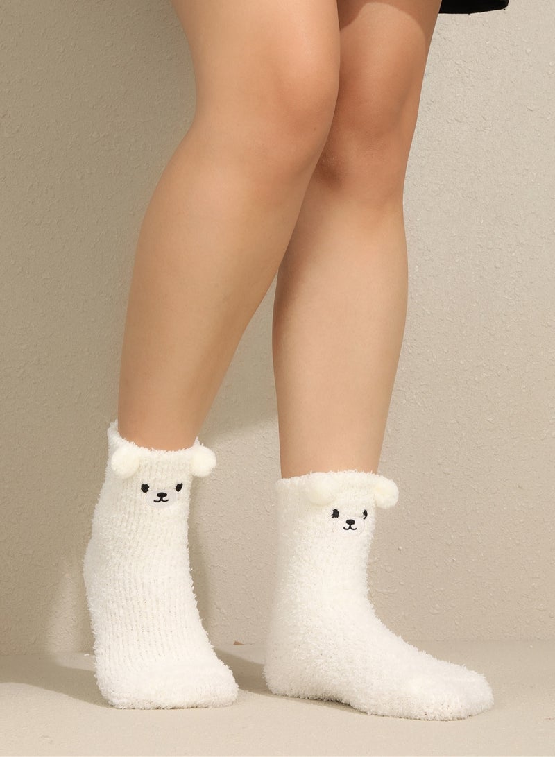 Fuzzy Socks for Ladies Winter Soft Plush Ankle Socks with Cute 3D White Bear Ears, Cozy Warm Slipper Socks for Women, Home and Bed, Cream White, Size 36-39 - Image 3