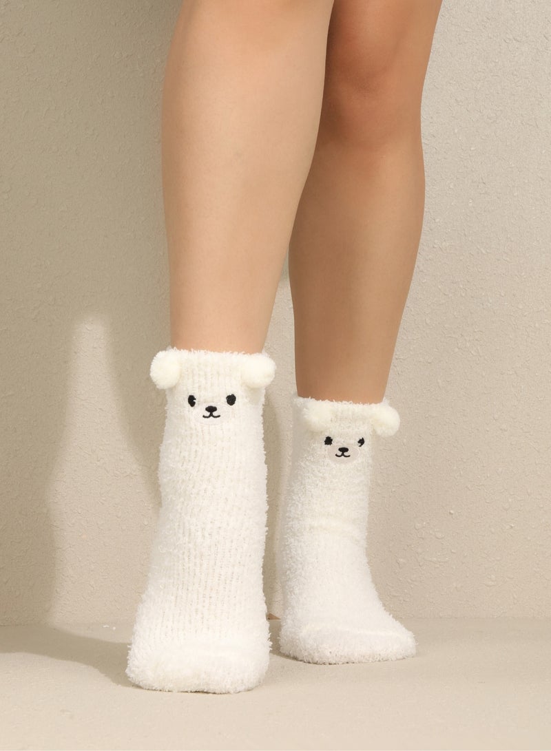 Fuzzy Socks for Ladies Winter Soft Plush Ankle Socks with Cute 3D White Bear Ears, Cozy Warm Slipper Socks for Women, Home and Bed, Cream White, Size 36-39 - Image 2